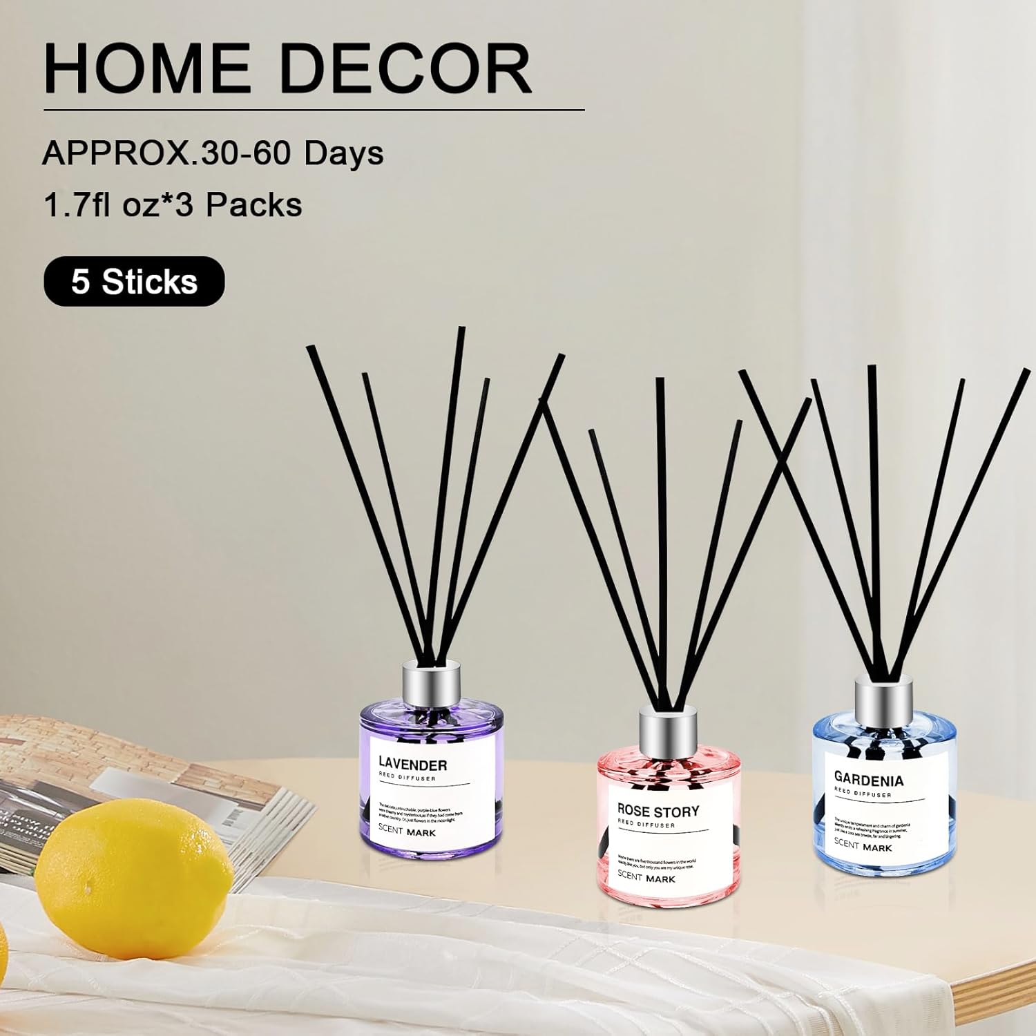 Reed Diffuser Set of 3 Pack,50ML Lavender Rose Gardenia Scented Oil Diffuser with 5 Sticks,Home Fragrance Reed Diffuser for Bedroom Bathroom Office (Lavender/Rose/Gardenia) - Image 2