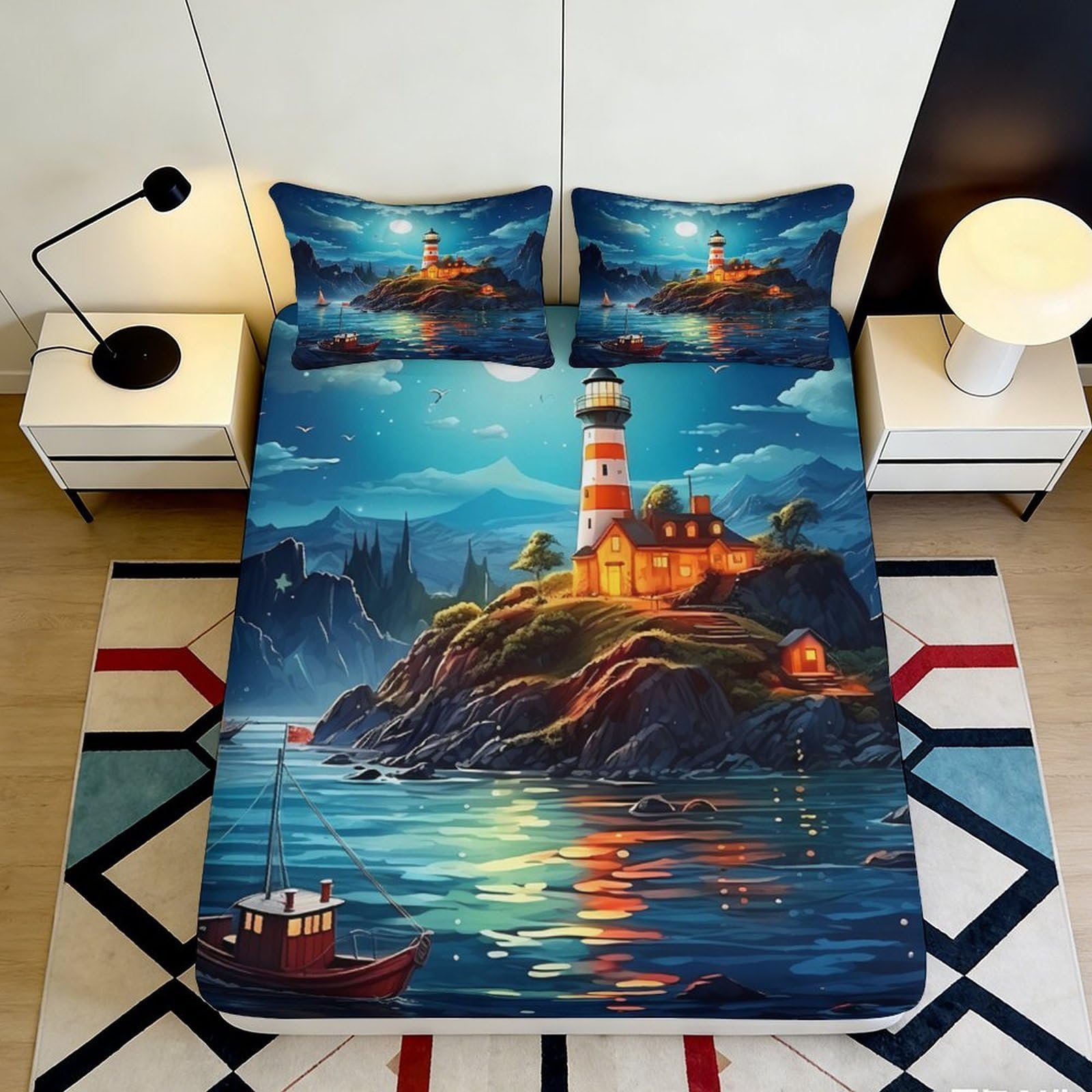 3D Printed lighthouse Fitted Sheet, soft touch Microfiber, wrinkle resistant, decorative bed cover for home bedroom or guest room, apartment bedding, easy care, 120x200x25cm