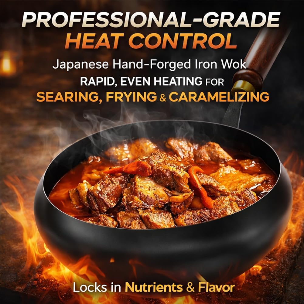 2026 Upgraded Uncoated Thick Iron Pot, Japanese Hand-Forged Non-Stick Iron Pan Without Coating, Durable and Rust-Free for Cooker Gas Stir Fry Pans Round Bottom with Lid (Glass lid,12IN)