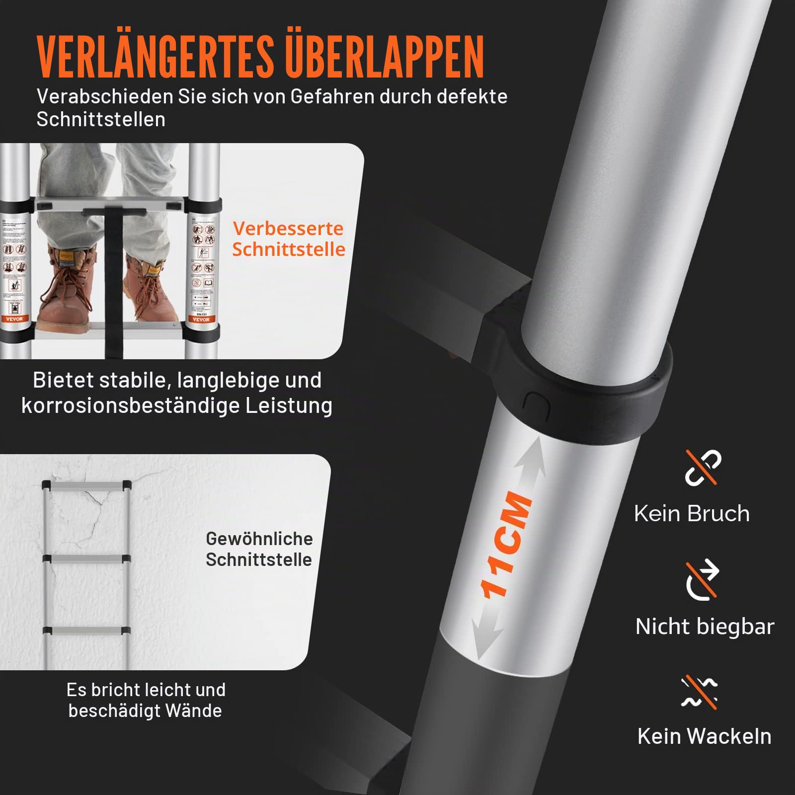 VEVOR 3,2m Teleskopleiter Rutschfester Klappleiter 48x9,5x76,5cm Stehleiter EIN-Knopf-Rückzug Mehrzweckleiter Aluminiumlegierung 170kg Belastbarkeit Ideal für Hausreparaturen Dekoration Wandanstrich