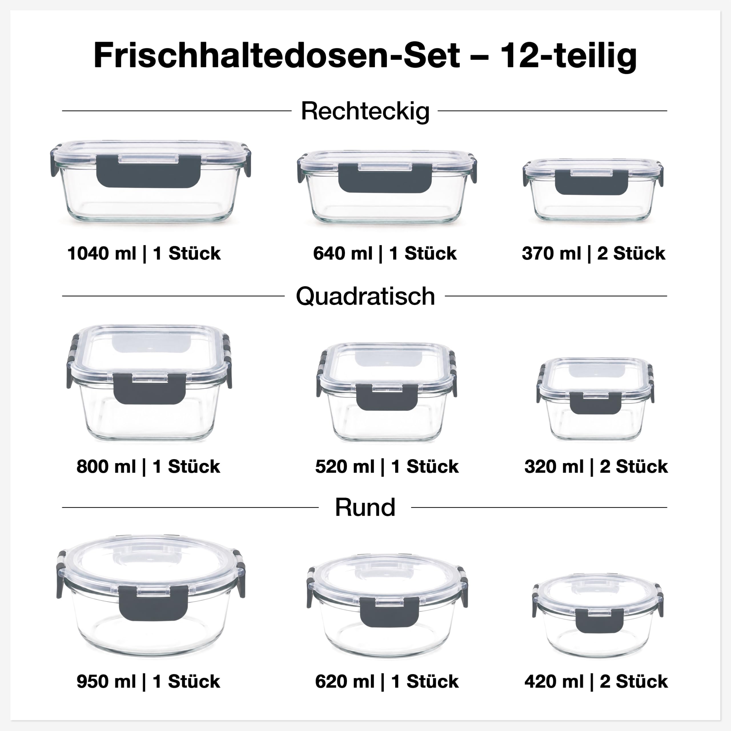 Haushaltszauber Set di contenitori in vetro, ermetici, con coperchio, per cucina, scorte e Meal Prep (set da 12 pezzi, rotondi, quadrati e rettangolari)