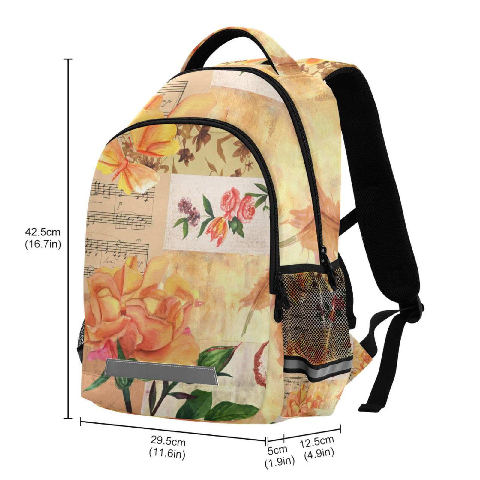 Vintage Rosen Schmetterlinge Notenrucksack für Kinder Schultasche Studenten Jungen Mädchen Büchertasche Elementar Reiserucksack Tagesrucksack Laptoptasche, gelb, 29.5x17.5x42.5cm
