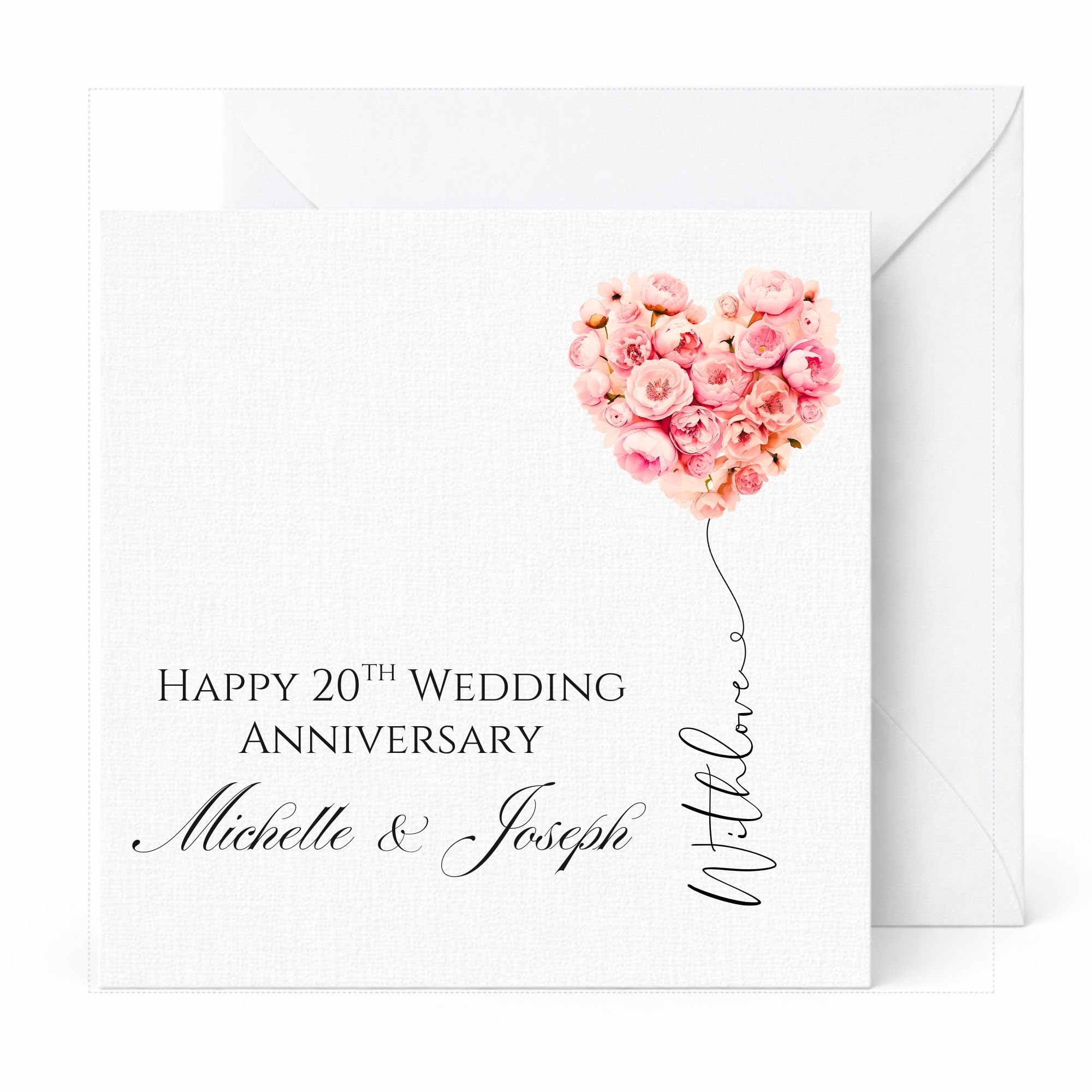 Personalised Wedding Anniversary Card, Custom Names and Years Married, Pink Flower Heart Balloon Design, Handmade Anniversary Keepsake