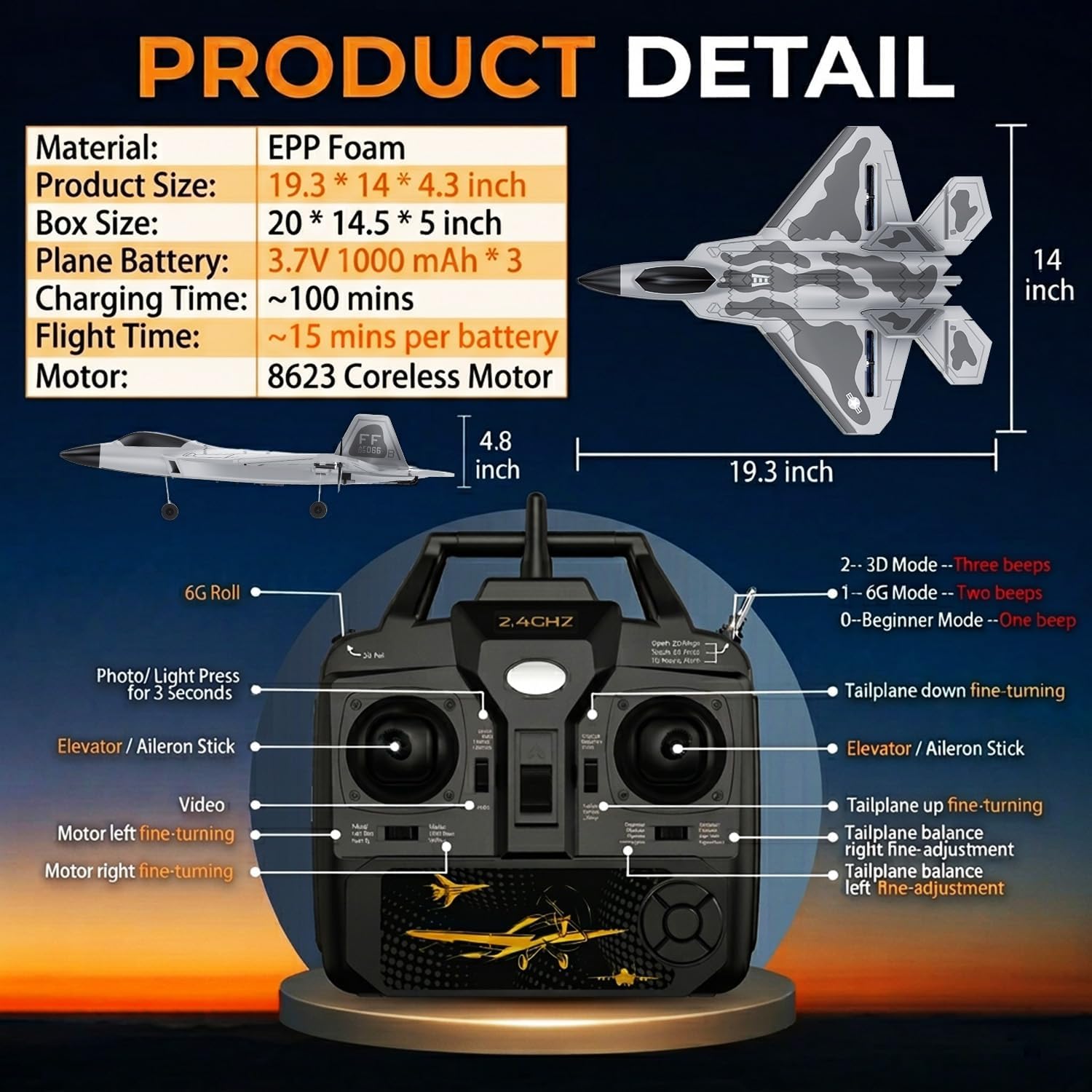 RC Planes, 4 Channel F22 Raptor Remote Control Airplane with LED Light, 6-Axis Gyro, 3 Flight Modes, One-Key Aerobatic, Wingspan 500mm Fuselage 360mm, RTF Suitable for Outdoors and Gifts