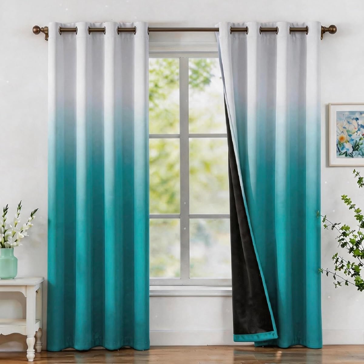 WUBODTI 100% Blackout Teal Curtains for Bedroom 72 Inches Long 2 Panels, Turquoise and White Ombre Curtain Panels Room Decor Gradient Thermal Insulated Room Darkening Drapes for Girls Room Living Room
