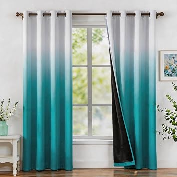 WUBODTI 100% Blackout Teal Curtains for Bedroom 72 Inches Long 2 Panels, Turquoise and White Ombre Curtain Panels Room Decor Gradient Thermal Insulated Room Darkening Drapes for Girls Room Living Room