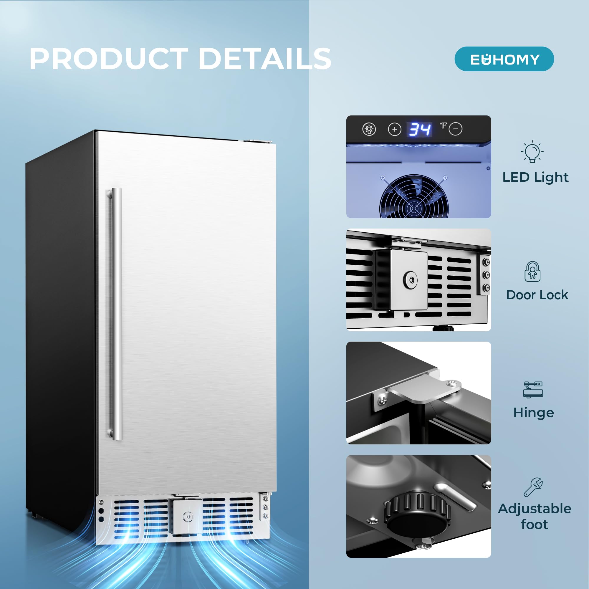 Euhomy Beverage Refrigerator 15 Inch, Under Counter 127 Can Beverage Fridge With Stainless Steel Door, Beverage Cooler Built-In And Undercounter Drink Fridge - Soda Cola on Fridge.com - View 5