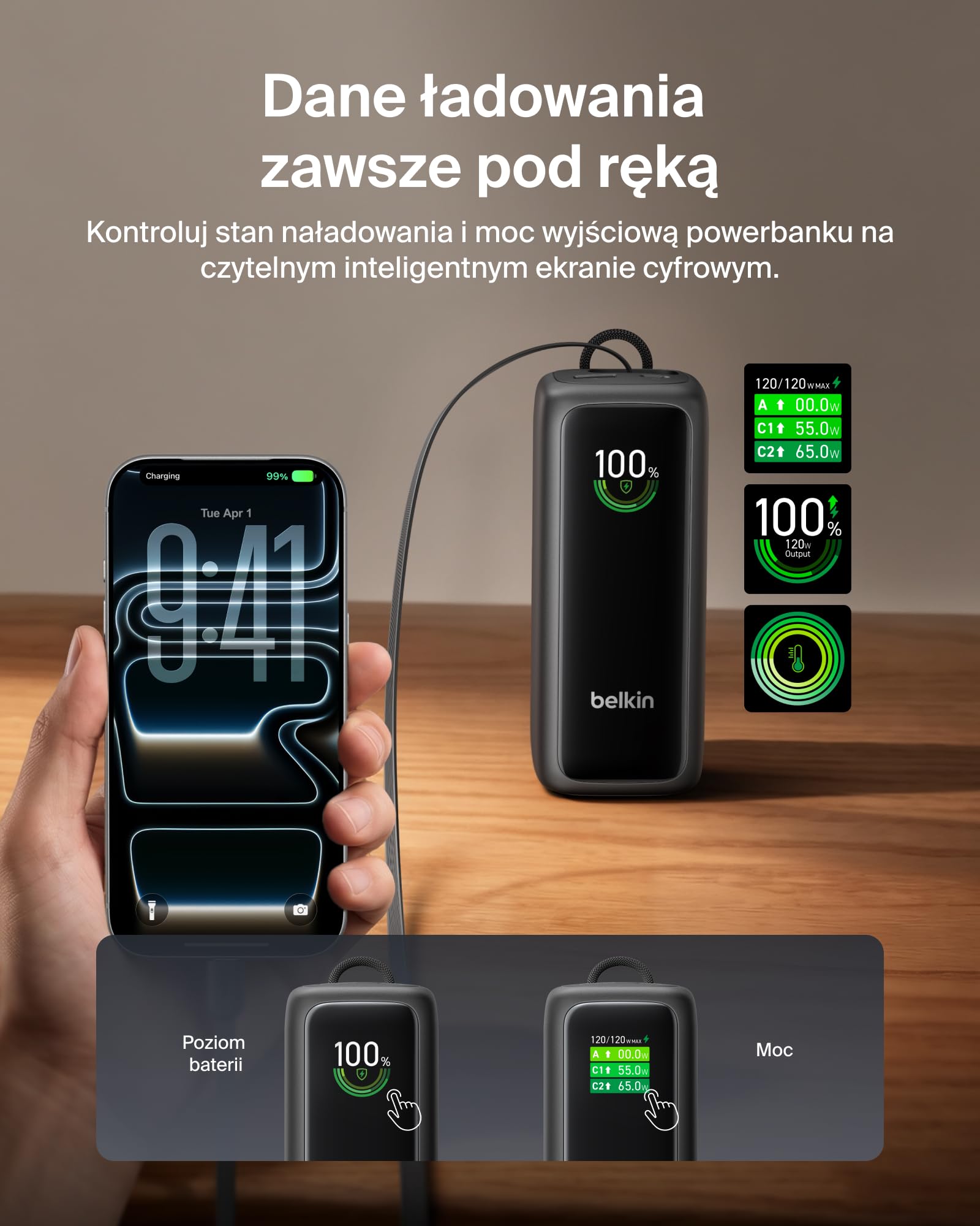 Powerbank Belkin UltraCharge 22 000 mAh, 120 W, z wysuwanym kablem USB-C