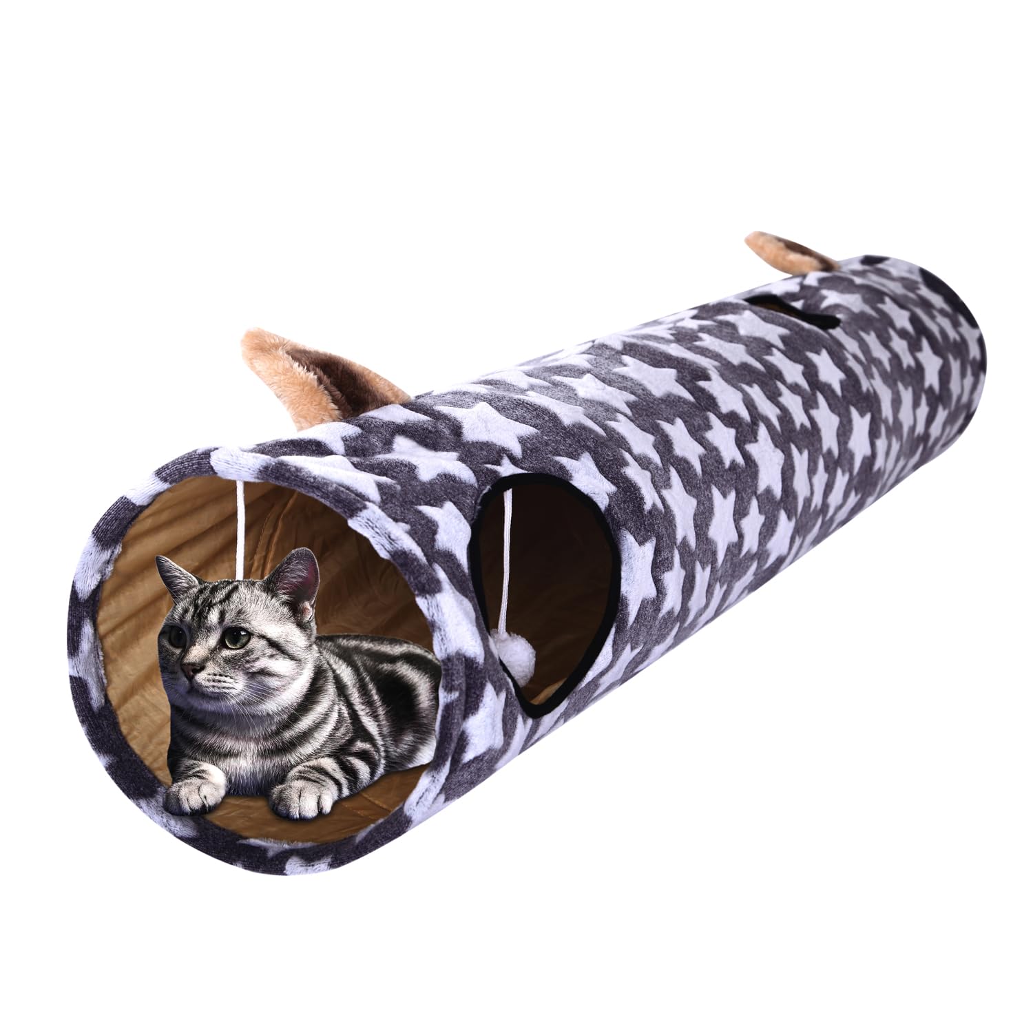 Giocattolo a tunnel per gatti pieghevole con palline di peluche e orecchie carine, per piccoli animali domestici, coniglietti, gattini, furetti, cuccioli e cani, grigio, stella