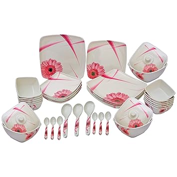 Square Shape Melamine Dinner Set 40 Pieces for Kitchen White and Pink Flowers