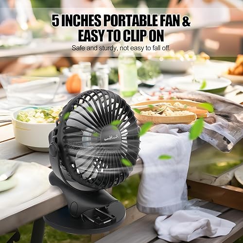 Miniatura 6 de Ventilador de clip portátil que funciona con pilas, mini ventilador de mesa recargable por USB de 3 velocidades con fuerte flujo de aire, rotación