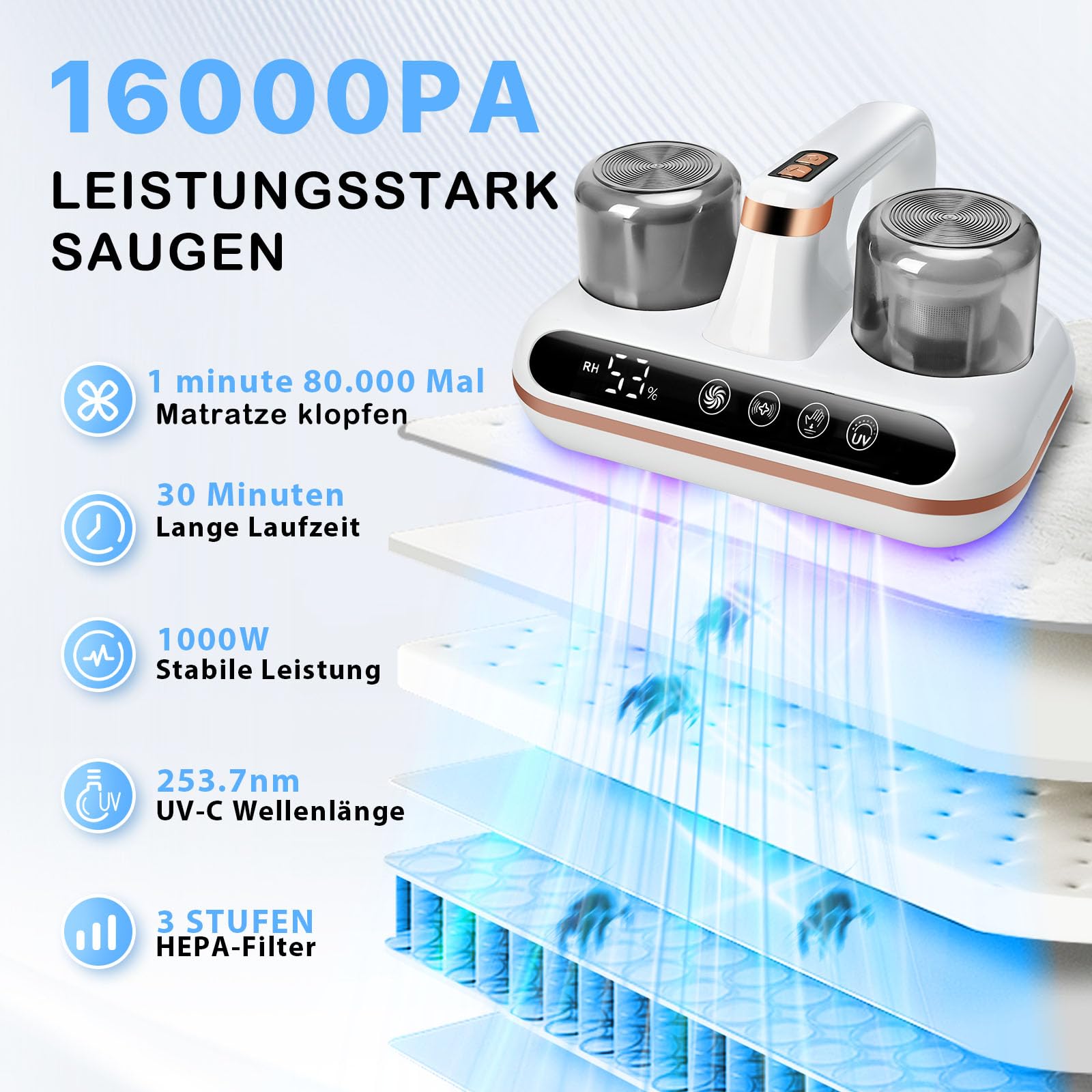 Kabelloser Matratzensauger 1000 W mit UV-Licht und Milbensensor, LED-Anzeige, entfernt 99,9% Allergene weiß