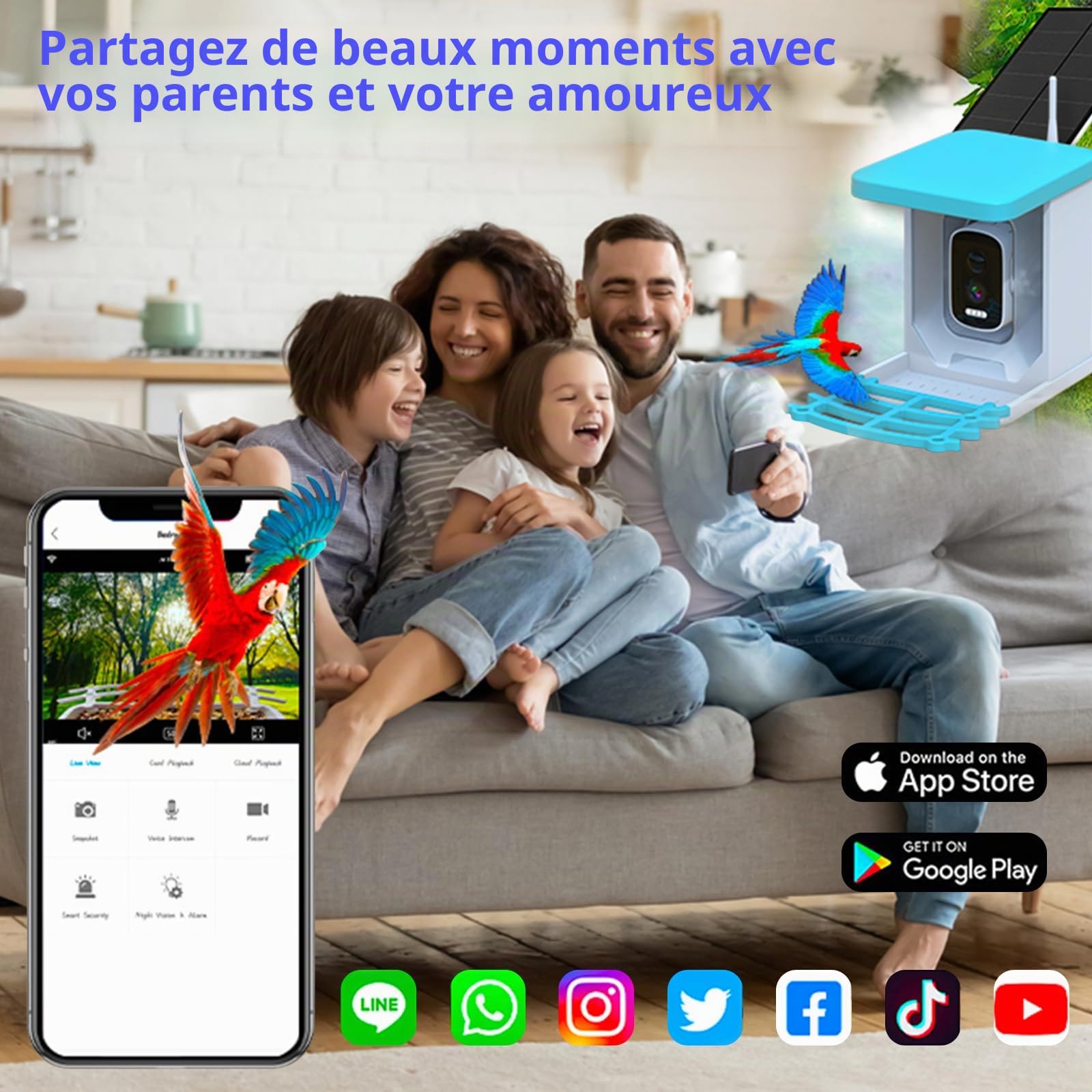 Nichoir avec Caméra, Maison d’Oiseaux avec Caméra, Mangeoire Vidéo WiFi | pour Oiseaux, Distributeur Intelligent avec Panneau Solaire & Reconnaissance IA des Oiseaux