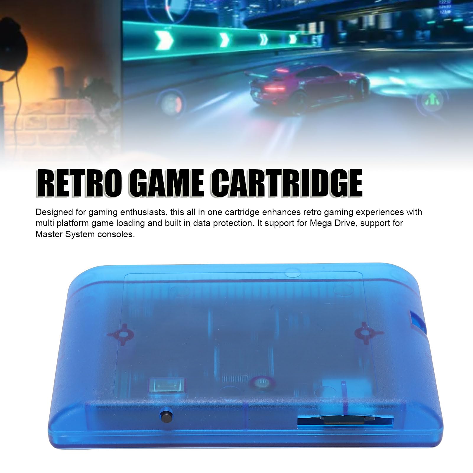 Plyisty Cartouche de Jeu Mega Drive V3 Pro pour Genesis et Master System, Carte Flash Tout-en-un avec Carte TF de 4 Go, Fonction de Sauvegarde et Prise en Charge des Triches, pour (BLUE)