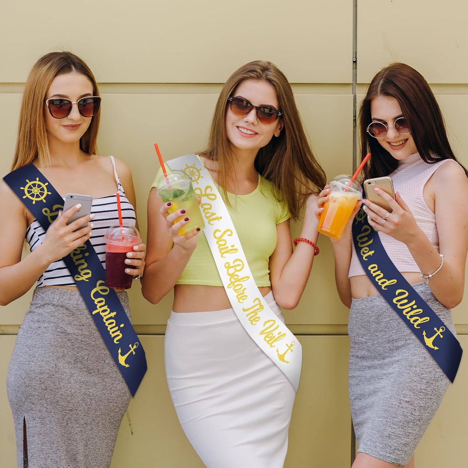 7 Pcs Nautical Bachelorette Party Sashes, White Gold "Last Sail Before The Veil" Bride to be Sash and Navy Blue Bride Tribe Sashes for Anchor Cruise Sailor Nauti Bridal Shower Party Decor Gifts Jokes