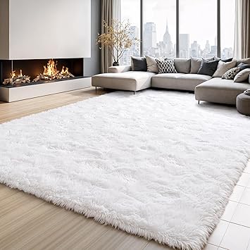 Area Rugs for Bedroom Living Room, 5x7 Soft Large Fluffy Fuzzy Shag Plush Furry Carpet, Soft Indoor Floor Mat for Kids Nursery Home Dorm Office Decor Aesthetic, White