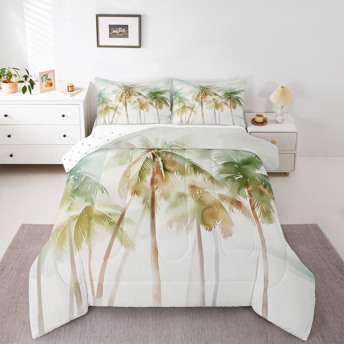 Feelyou Boys Girls Palm Tree Print Bedding Set Queen Size, Palm Leaf Comforter Set Botanical Nature Theme Comforter Kids Hawaiian Tropical Island Teens Duvet Set Bedroom Decor Microfiber Bed Set