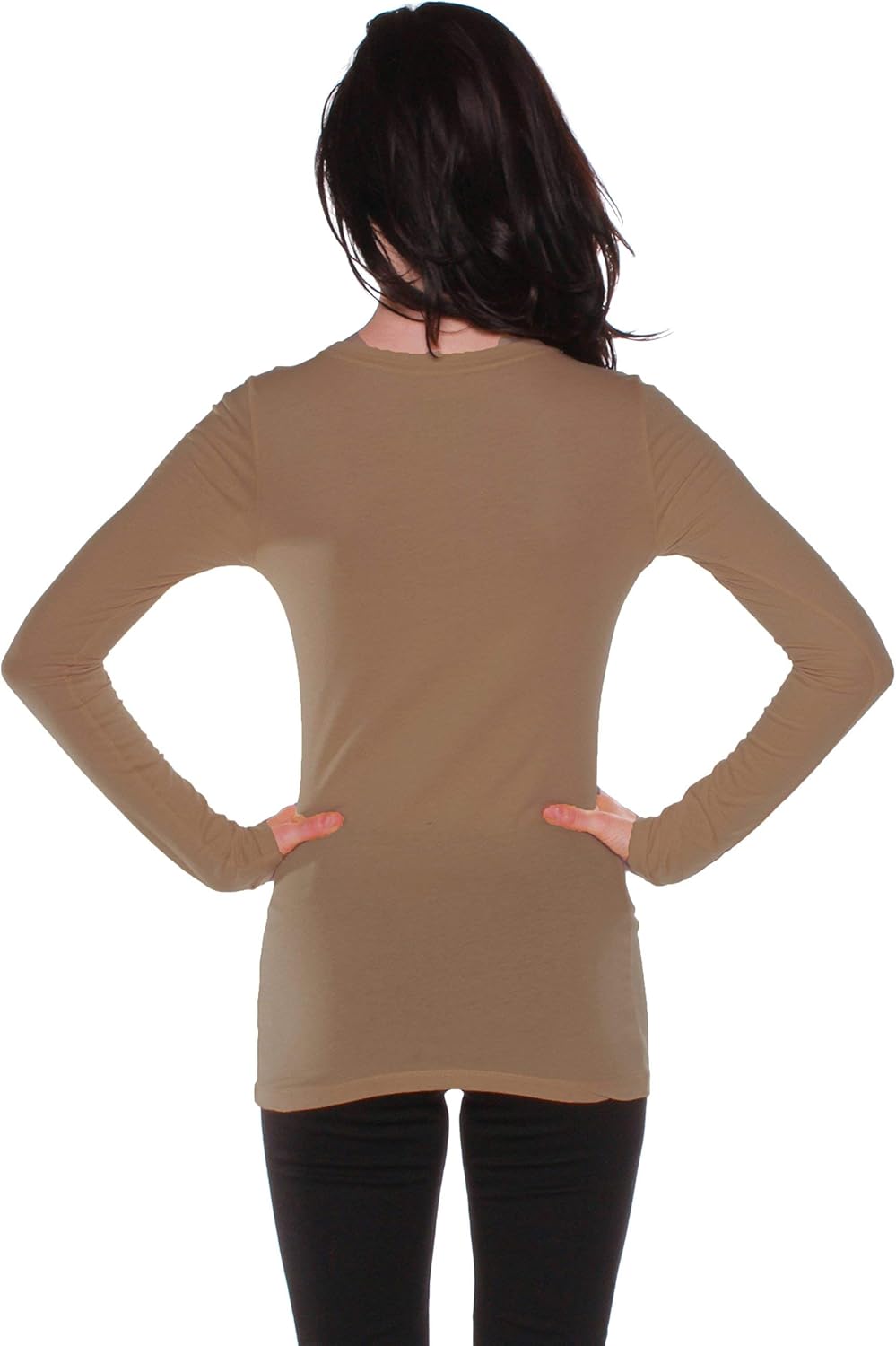 Active Basic Athletic Fitted Plain Long Sleeves Round Crew Neck T Shirt Top - Mocha - Large - Image 3