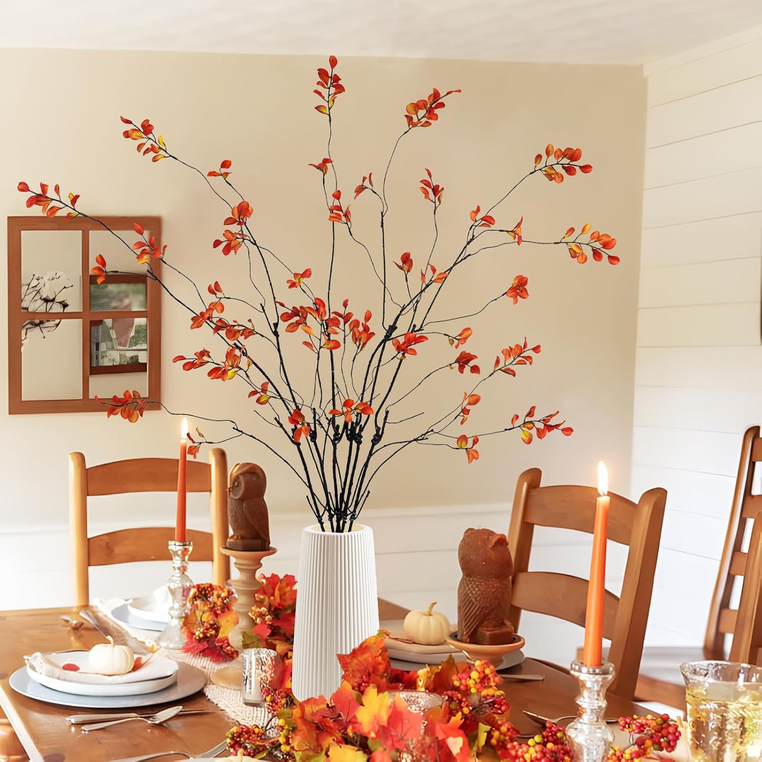 Krissing 6 Pcs Fall Greenery Stems, 37" Tall Fake Fall Stems Plants Artificial Fall Leaves Stems Branches for Vase Indoor Office Desk Home Thanksgiving Table Centerpieces Decor