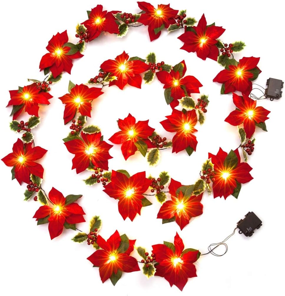 HOMESEASONS Pack of 2 Pre-Lit Velvet Artificial Poinsettia 6 feet Garland with Red Berries and Holly Leaves - 3AA Battery Operated Indoor and Outdoor Use (2, Red)