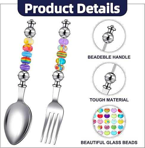 Miniatura 3 de Lasnten Juego de 6 tenedores de cuchara con cuentas con 50 cuentas surtidas de agujeros grandes, cucharas y tenedores decorativos de acero