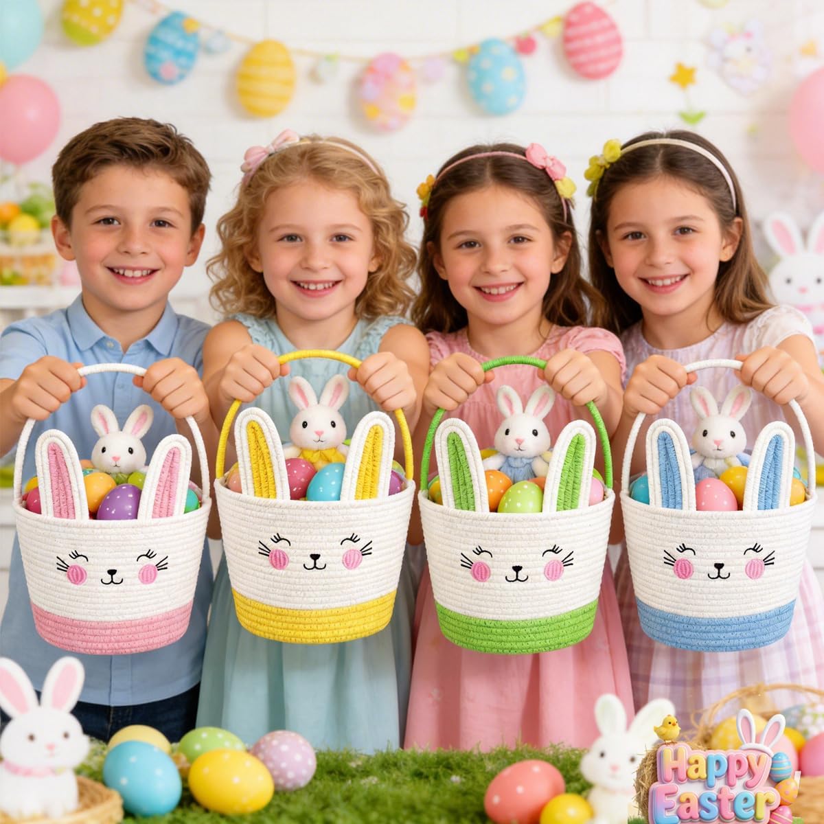 Cute Bunny Cotton Rope Basket with Handle - Soft Woven Storage Basket for Kids, Nursery, Baby Shower Gifts, Toy Organizer, Decorative Tote Basket (Pink white)
