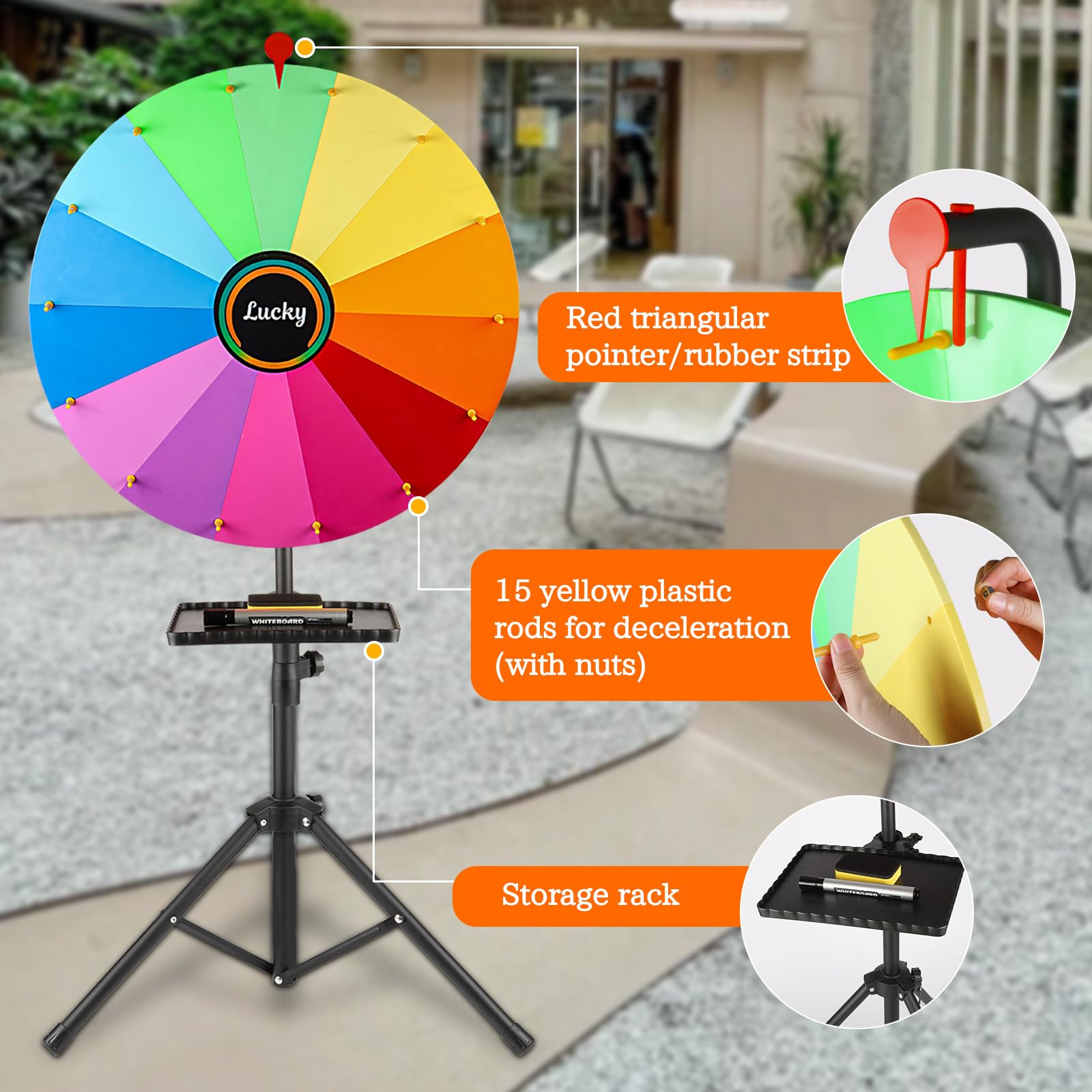 61 cm drehendes Preisrad,14 Farben, drehbares Kritzelspiel mit löschbarem Marker,verstellbar von 94 cm - 165cm, auf dem Boden stehend,verstaubares Glücksrad mit Ablage