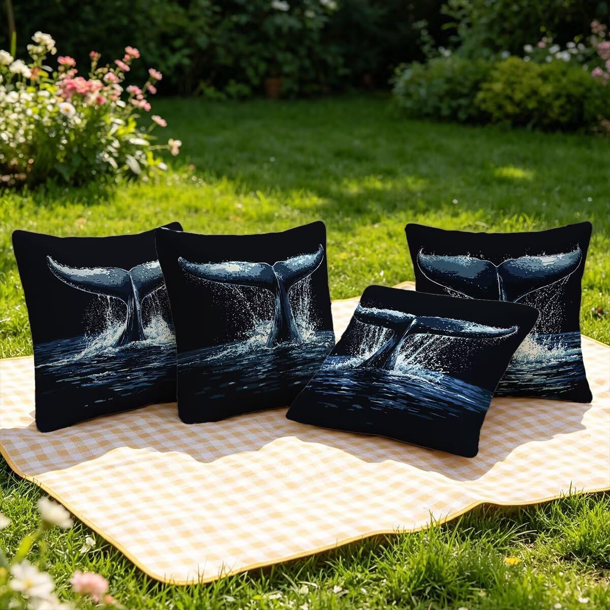 Federe Cuscino Divano 60x60 cm, Nero Cuscini per Divano da Esterno Set da 4, Lino Copricuscini Divanos Impermeabile, Copri Cuscini Moderno Motivo Fronte Retro Stampato per Giardino, Sofá, Balcón, F-77
