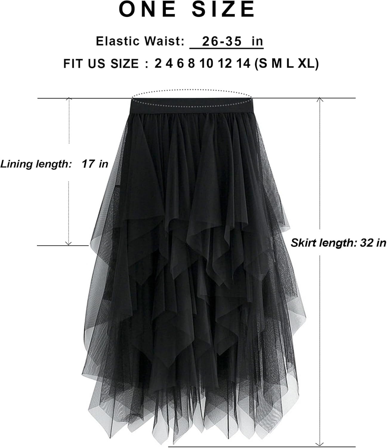 Tulle Skirts for Women 3 Layered High Low Asymmetrical Midi Length Elastic Waist Mesh Tutu Skirt