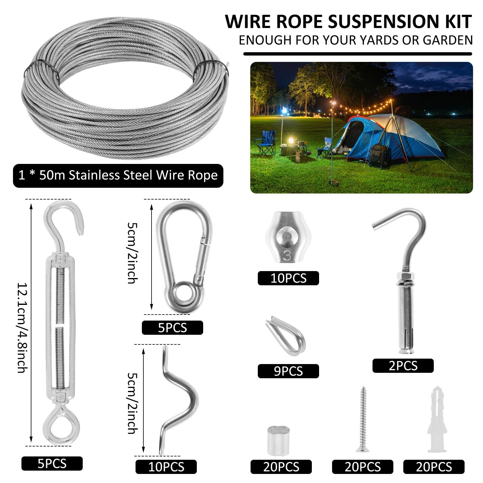 Cable Acero,Cuerda de Alambre 81 unids/Set 50 Metros de Acero Recubierto de PVC Cable Flexible Cuerda de Alambre Suave Transparente de Acero Inoxidable tendedero diámetro 2mm Kit