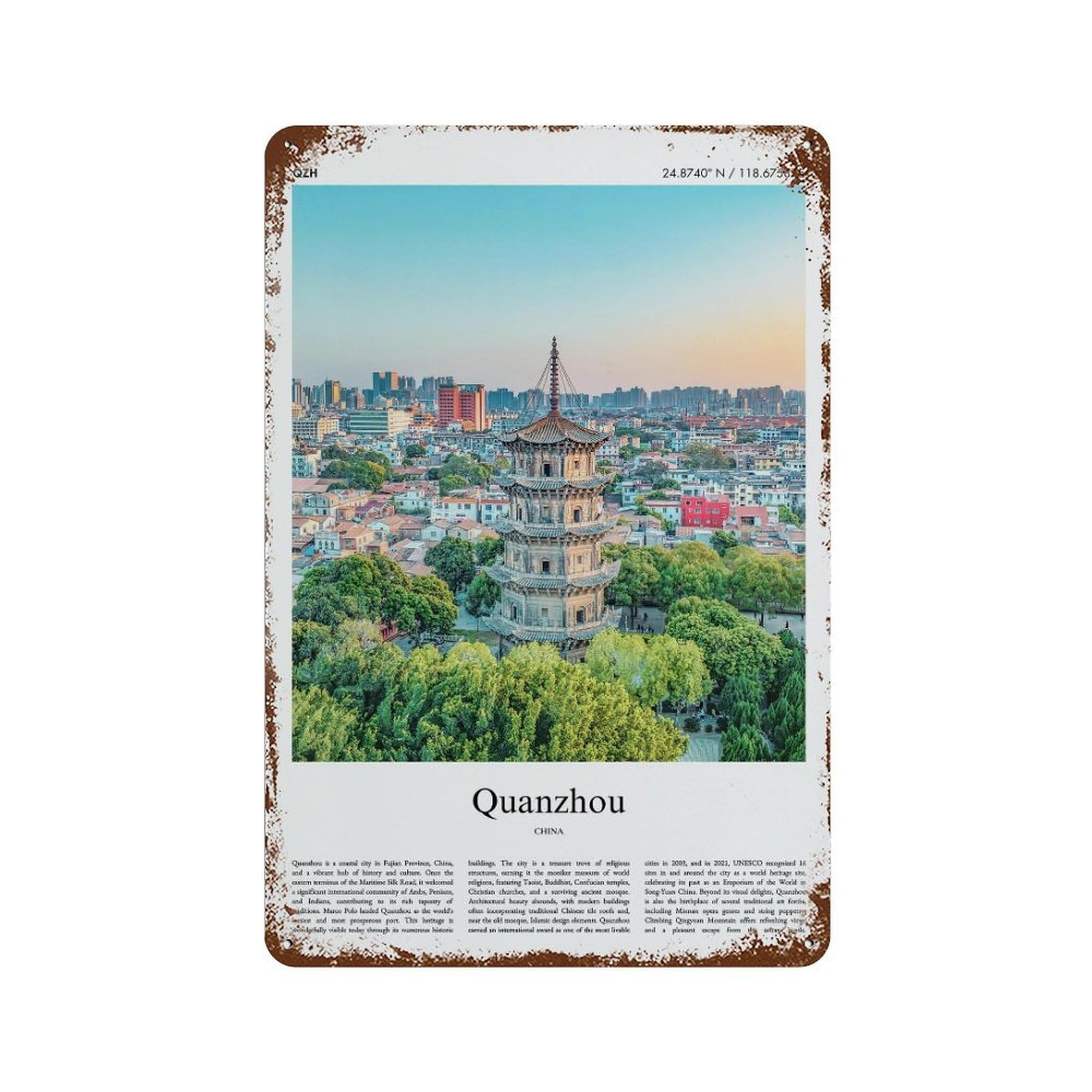 xiaoxiaoshen Quanzhou China City Scenery Wall Decor Art Metal Tin Poster Modern Home Decor Art Home Bar Shop Decorations Vintage Sign 30x20cm