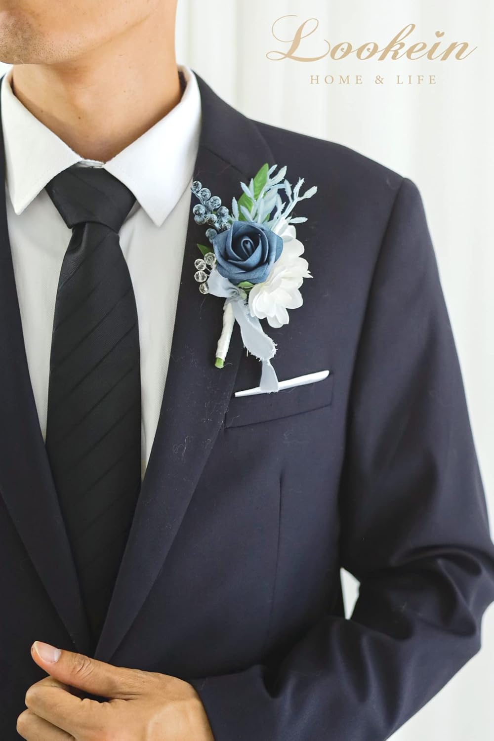 Lookein Set of 6 Dusty Blue Wedding Boutonniere for Men Artificial Flowers for Wedding Groom Lapel Groomsmen Boutonniere for Wedding Ceremony Anniversary Formal Dinner Party