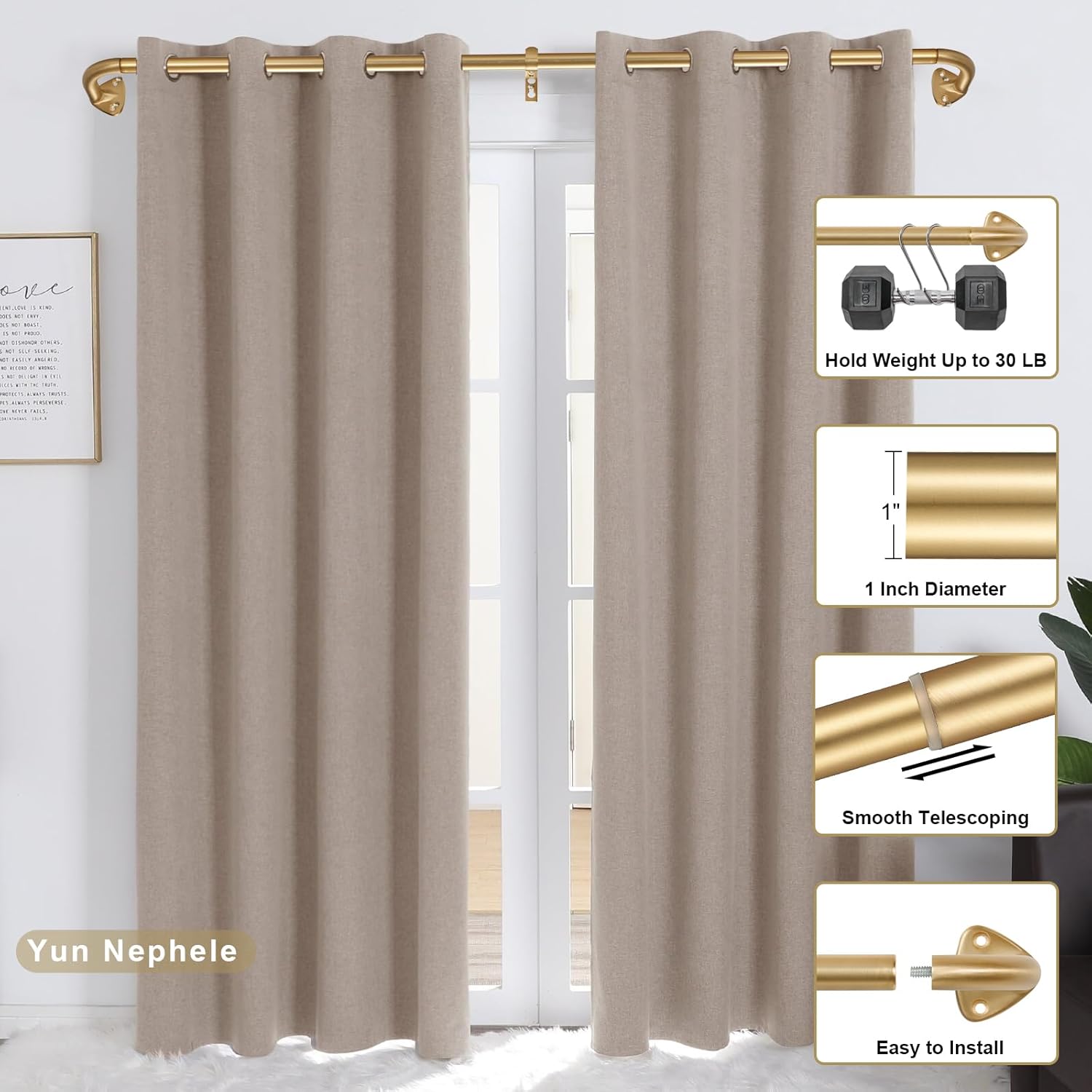Room Darkening Curtain Rods for Window 28-48 Inch, 2 Pack Adjustable Blackout Curtains Rod, 3/4 Inch Diameter Drapery Rod, Wrap Around Design, Warm Gold
