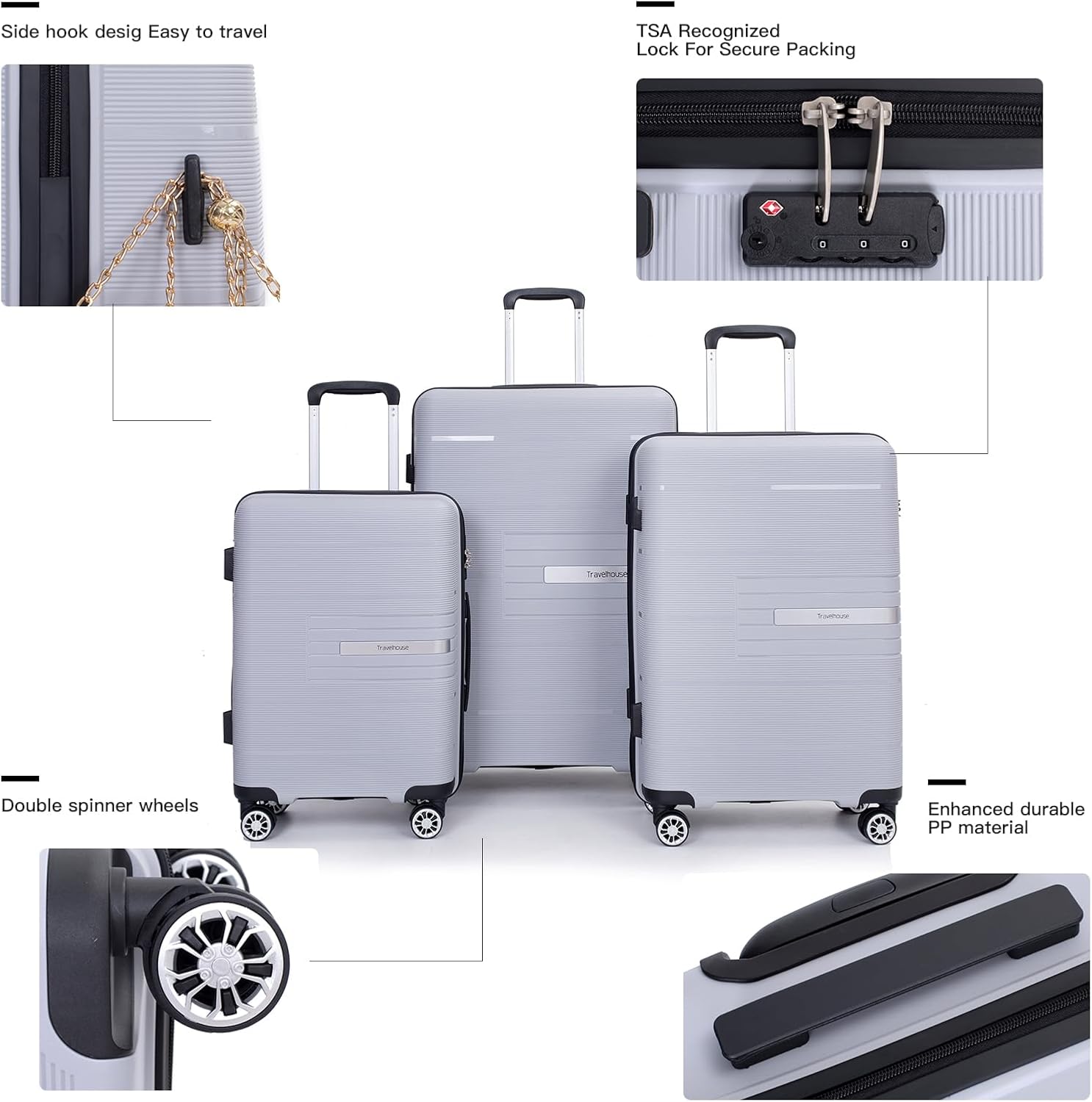 Tripcomp Luggage 3 Piece Sets Suitcase Set with Double Spinner Wheels, Lightweight Carry On Hardside Travel Luggage with TSA Lock, (20/24/28) (Silver)