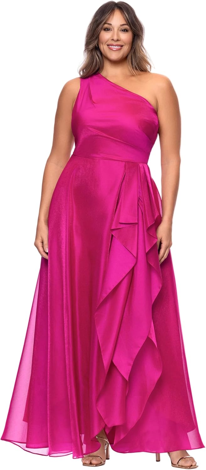 Xscape Womens Organza One Shoulder Ruffle Floor Length Dress (Plus)