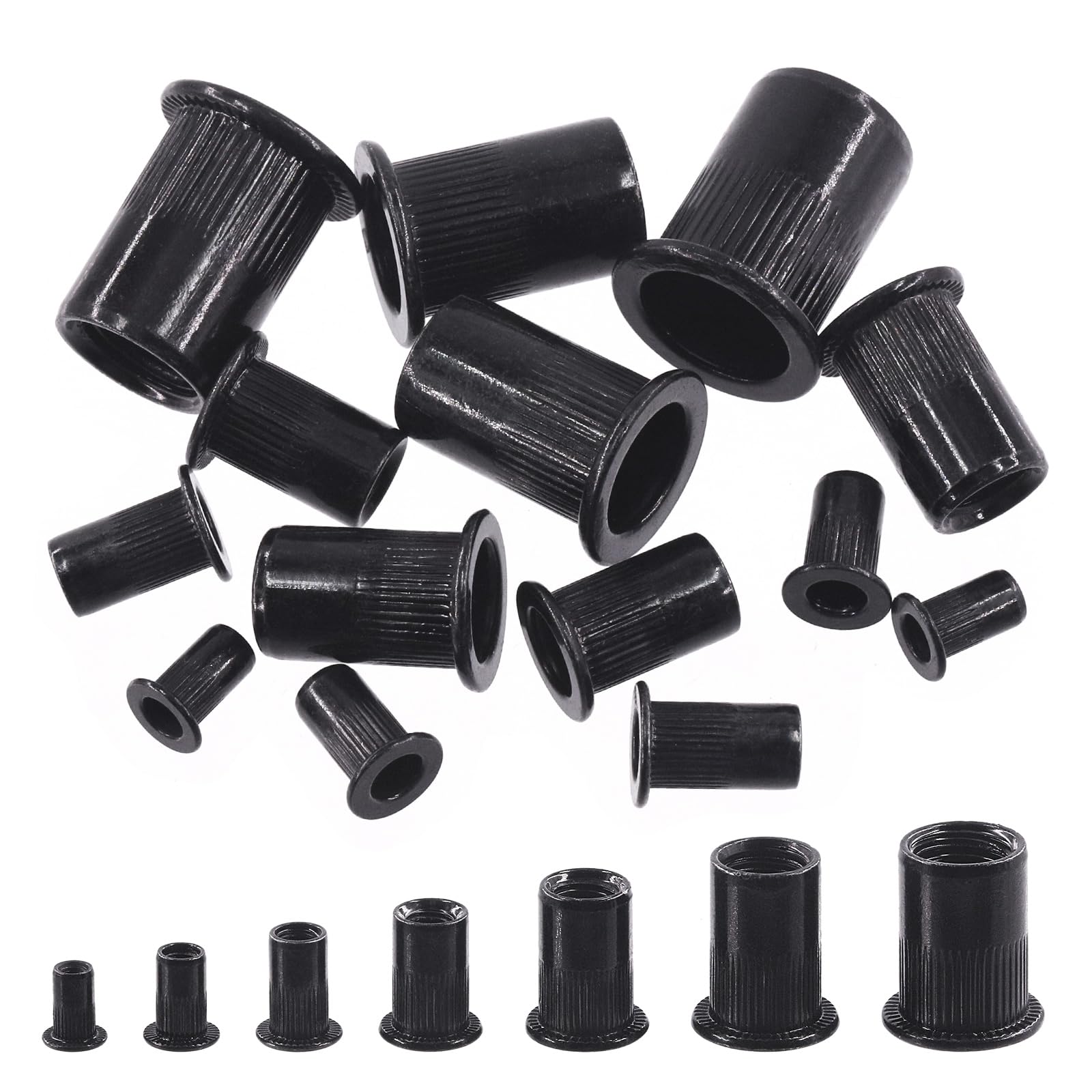 Swpeet 50Pcs Carbon Steel Rivet Nuts Kit, Metric M10 Rivnuts Nut Sert Kits, Black Zinc Plated Carbon Steel Rivet Nut Inserts Nutserts Kit, Flat Head