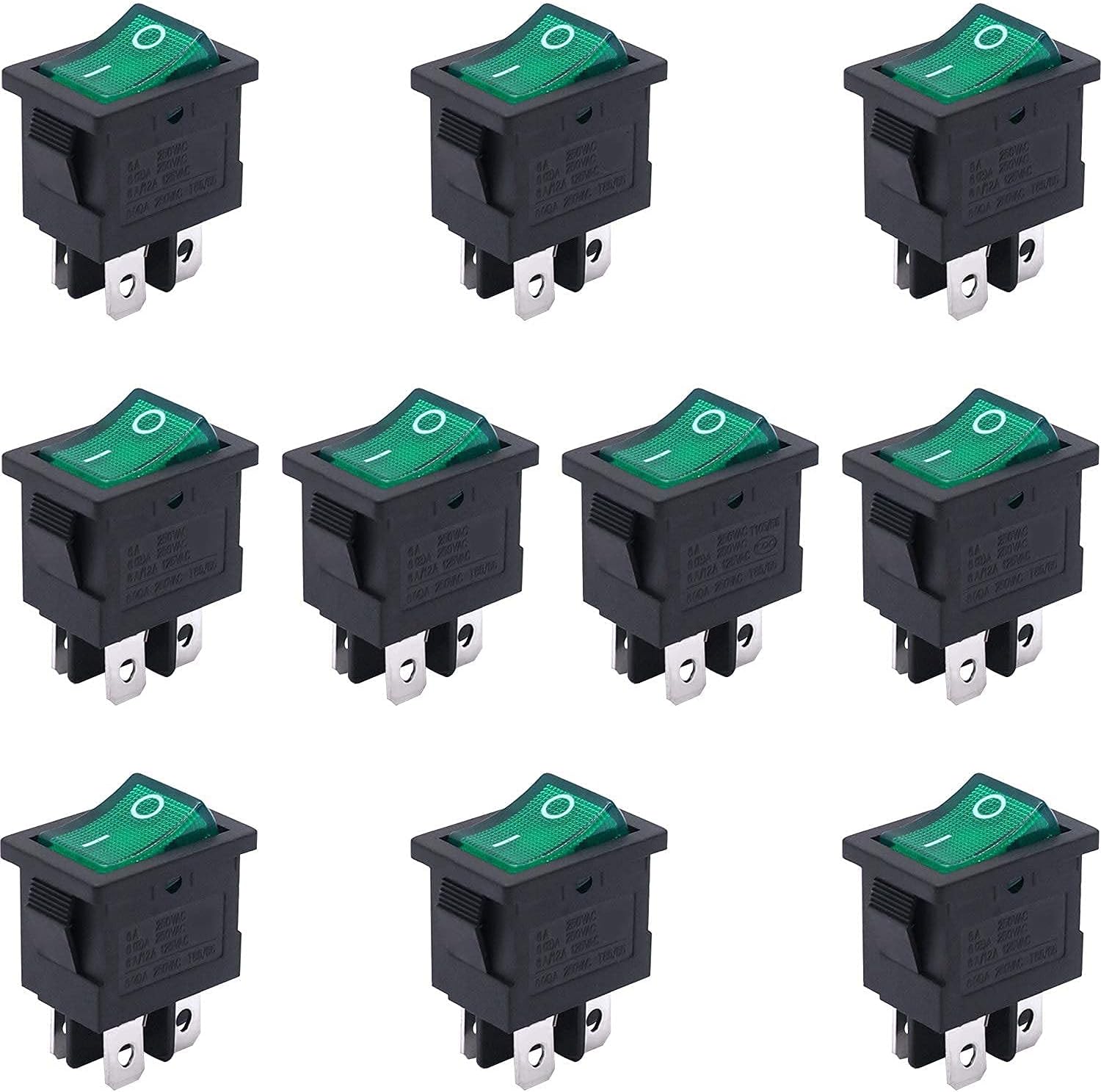 10Pcs AC 250V/6A 125V/10A，ON/Off DPST 4 Pin 2 Position Mini Boat Rocker Switches Switch Snap(Green)