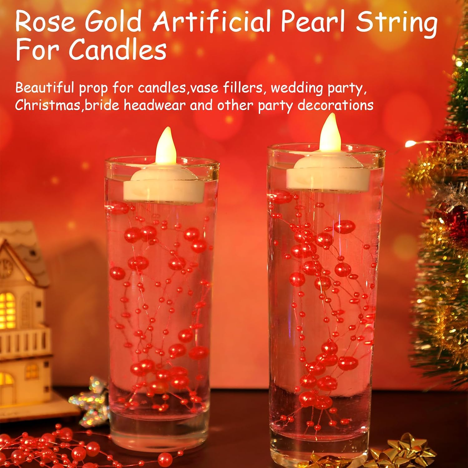 Nuanchu 50 Pcs Christmas Pearl String for Floating Candles, Red