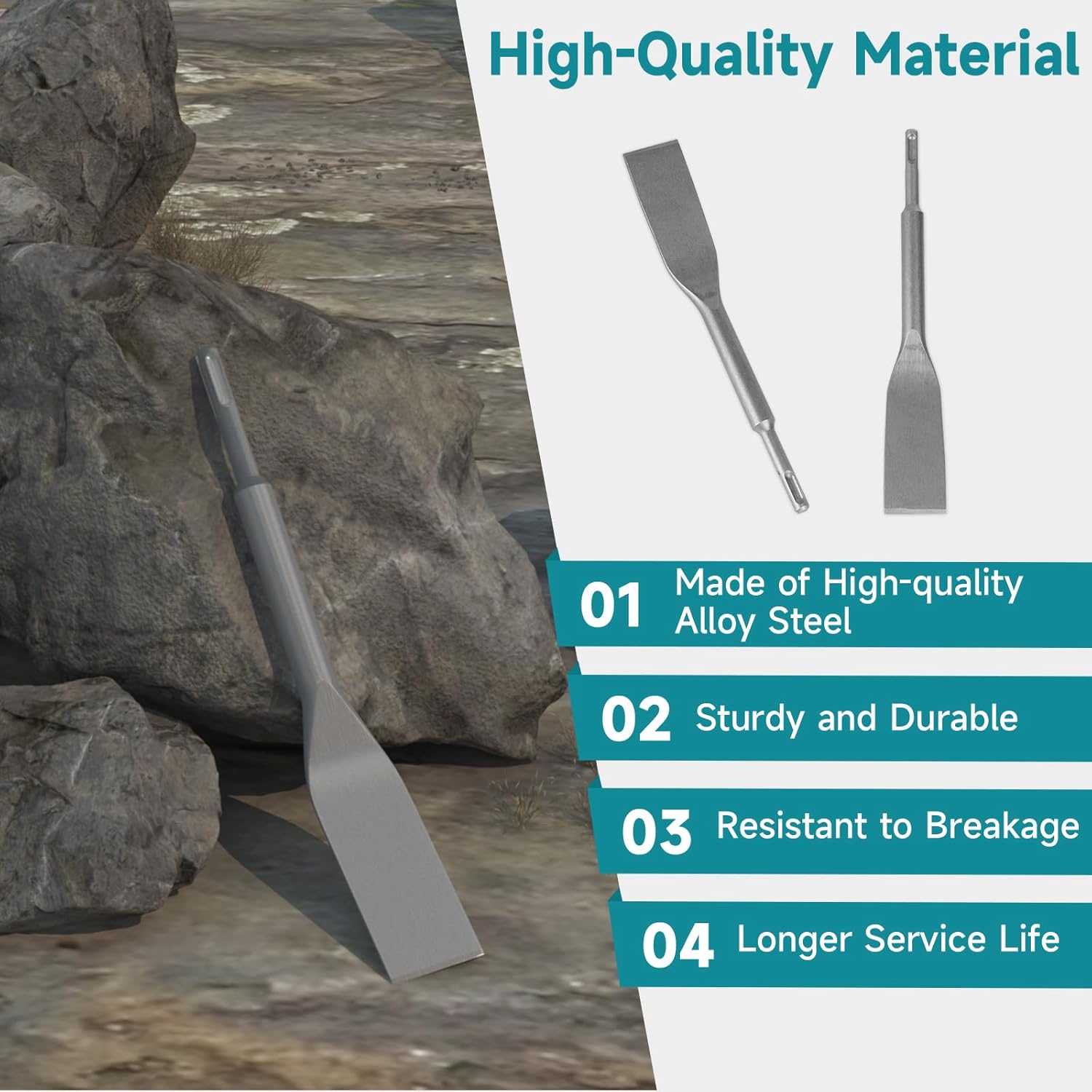 Tile Chisel with SDS Plus Shank - 1.57 in. x 10.6 in. Alloy Steel Blade - Straight Edge for Smaller Grout Joints, Removing Tiles