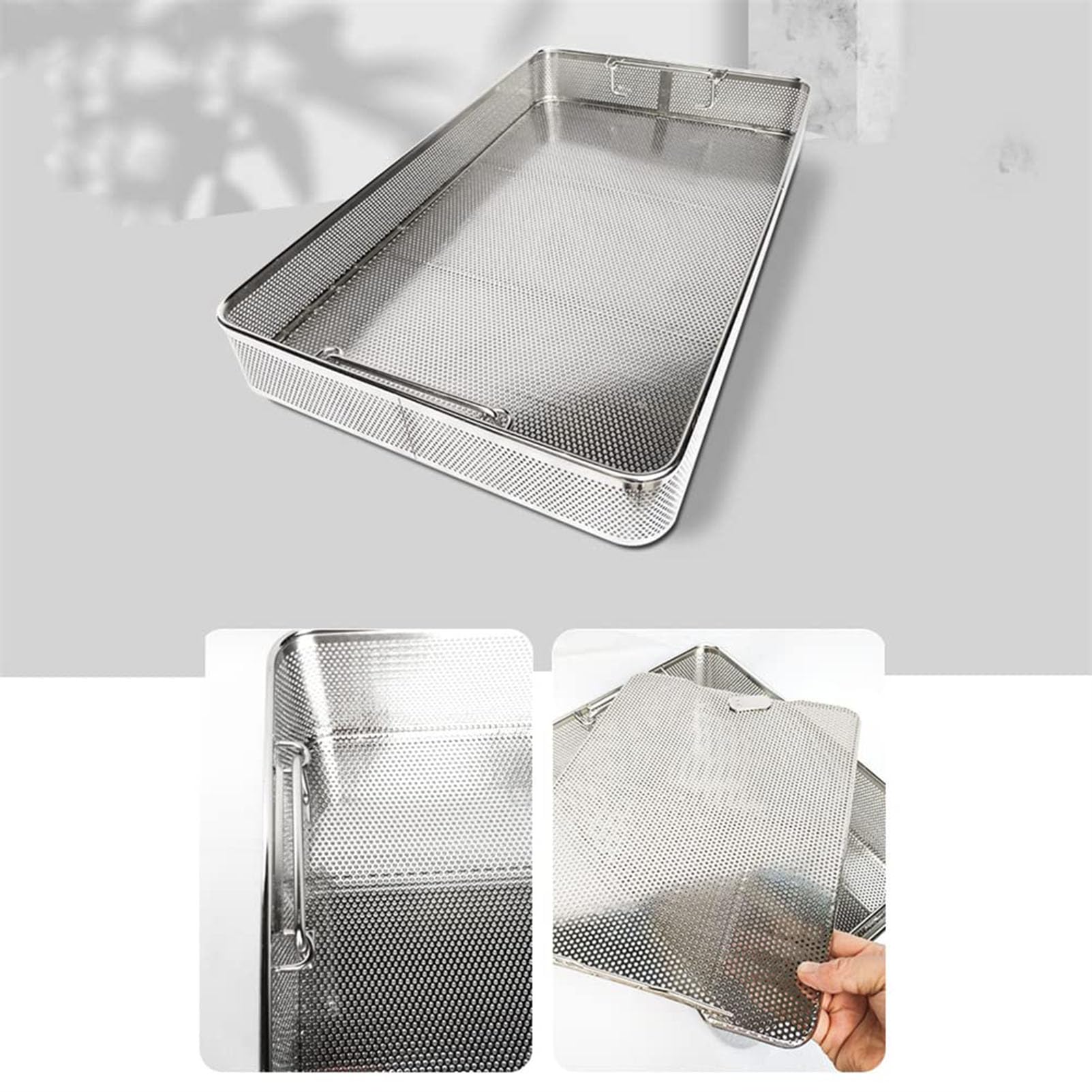 Cestello per sterilizzazione in acciaio inossidabile con coperchio vassoio per pulizia ad ultrasuoni per strumenti oftalmici Design a rete per una sterilizzazione efficace e una conservazione sicura