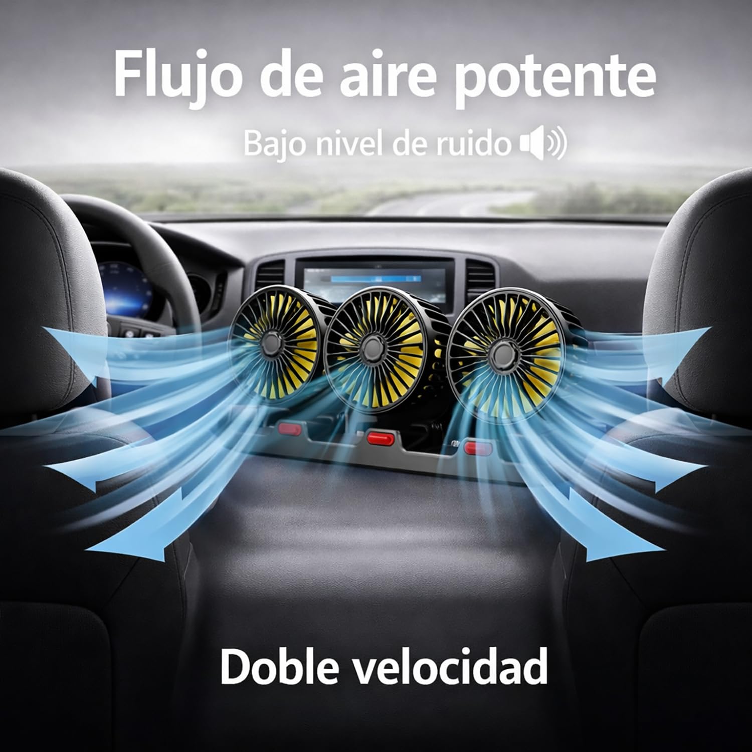 TIENDA EURASIA – Ventilador de Coche 12V Triple Cabezal con Rotación 360° | 2 Velocidades | Conexión a Toma 12V (Encendedor) | Cable 1,4 m | Negro | 32x11x16 cm