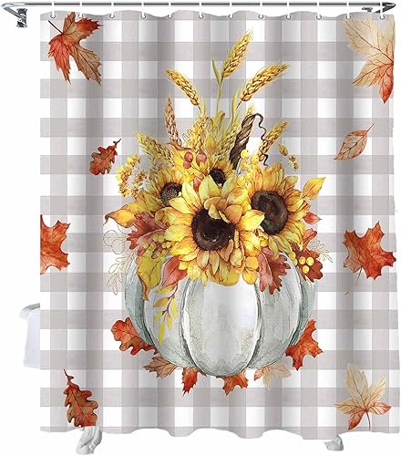 Vandarllin Cortina de ducha con hojas de calabazas de otoño, juego de cortinas de ducha con ganchos, tela impermeable rústica de búfalo gris,