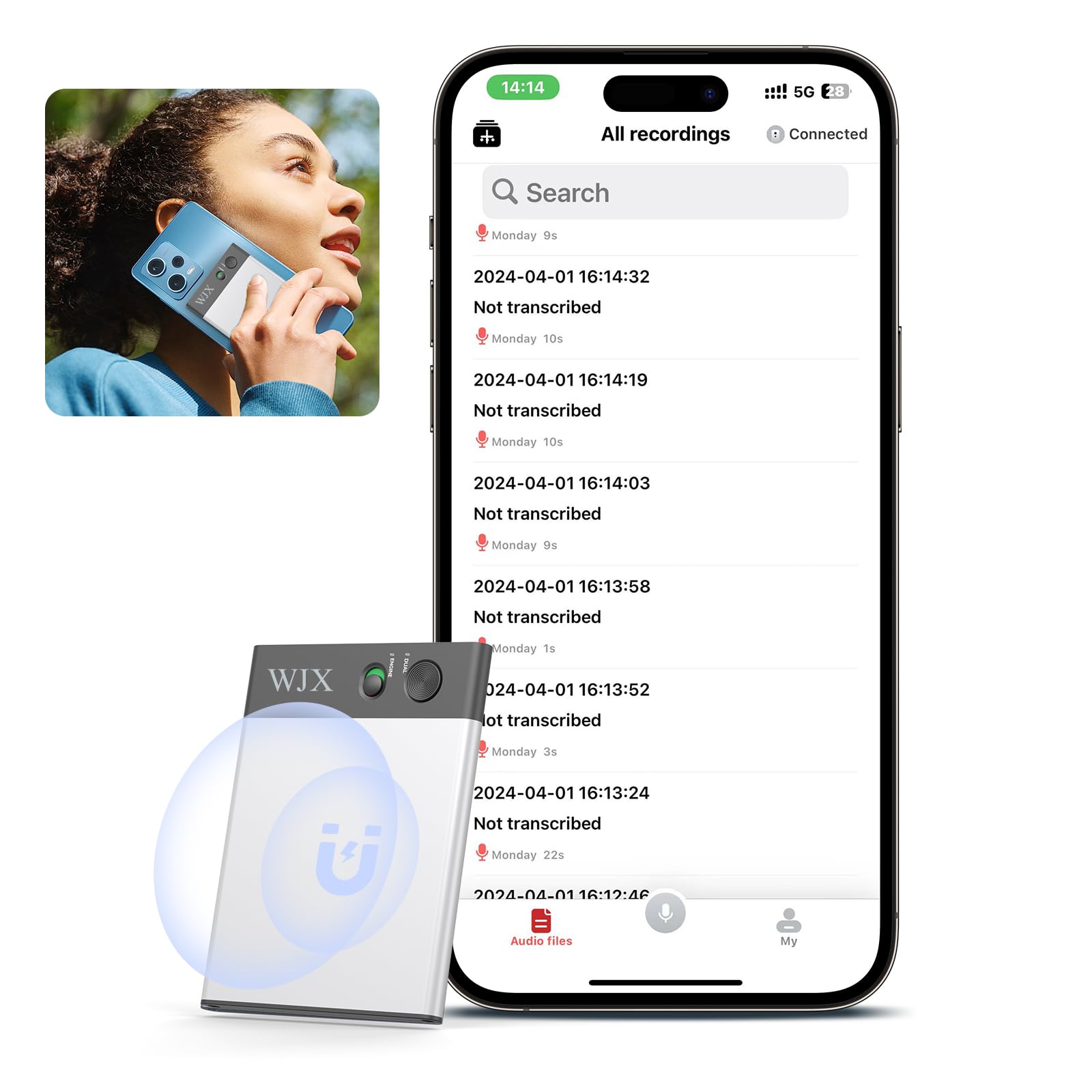 AI Voice Recorder WJX Voice Recorder Support 150 Languages for Interpretation, Transcribe, Summarize Empowered by ChatGPT 64GB Memory App Control Audio Recording for Lectures, Meetings, Call（Silver）