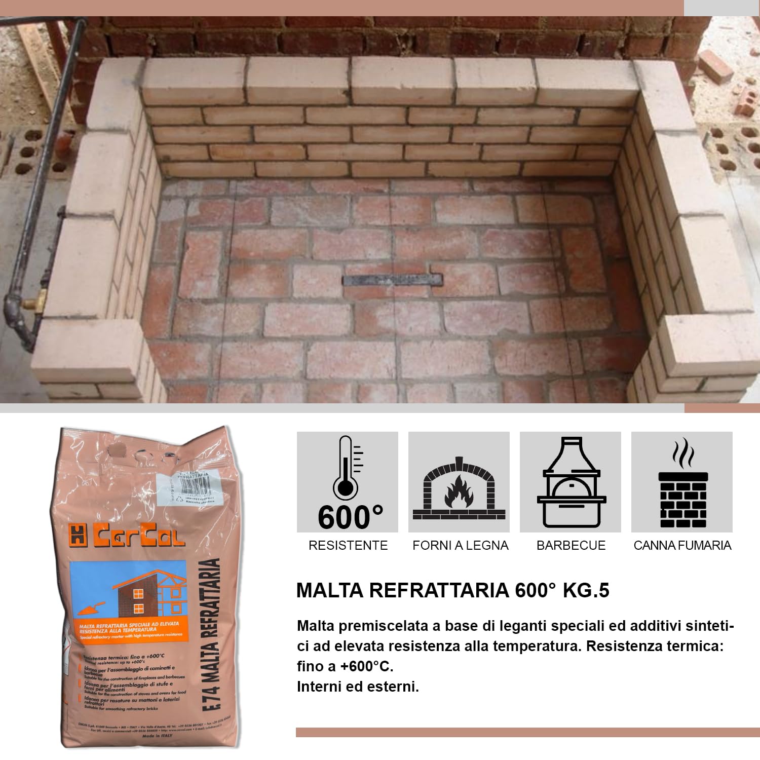 MASTERBRICO Cemento Refrattario Alta Temperatura 5 kg Grigio – Malta Resistente Fino a 600°C per Forni a Legna, Barbecue, Caminetti, Stufe – Pronto all’Uso per Lavori in Muratura