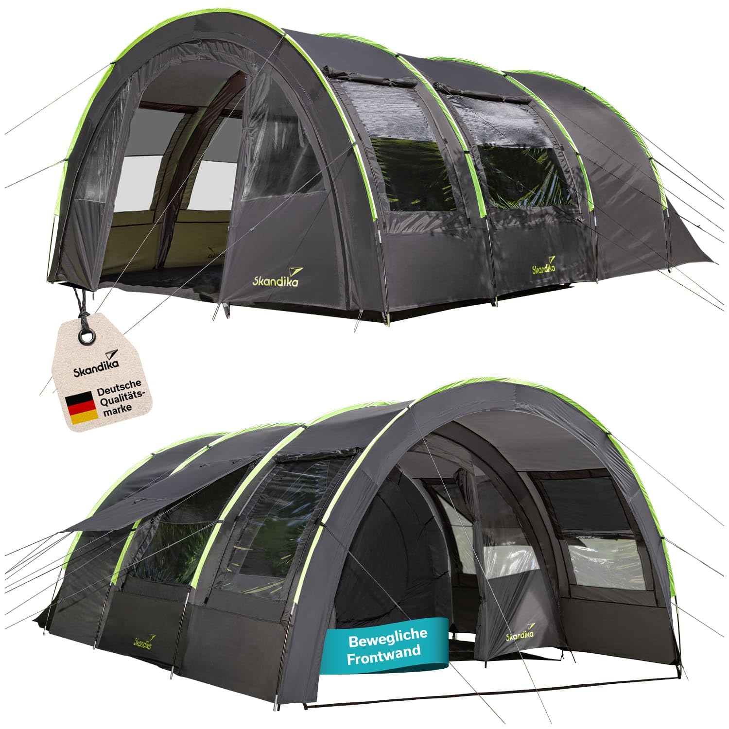 Skandika Tunnelzelt Kemi für 4 Personen | Camping Zelt, 2 Schlafkabinen, 2 m Stehhöhe, wasserfest, 3000 mm Wassersäule, Frontwand versetzbar, Vorzelt | Campingzelt, Familienzelt