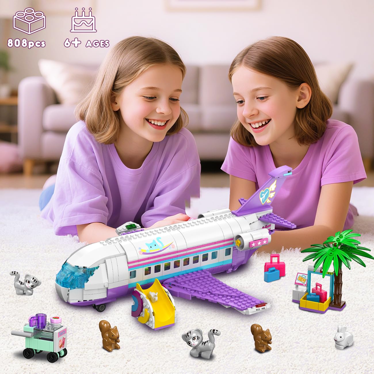 HOGOKIDS - 3 en 1 Friends Juego de construcción de Aviones - 808 Piezas de Bloques de Construcción de avión/Barco/Caravana con 6 minianimales, Tobogán y Pegatinas, Regalos para para niños y niñas