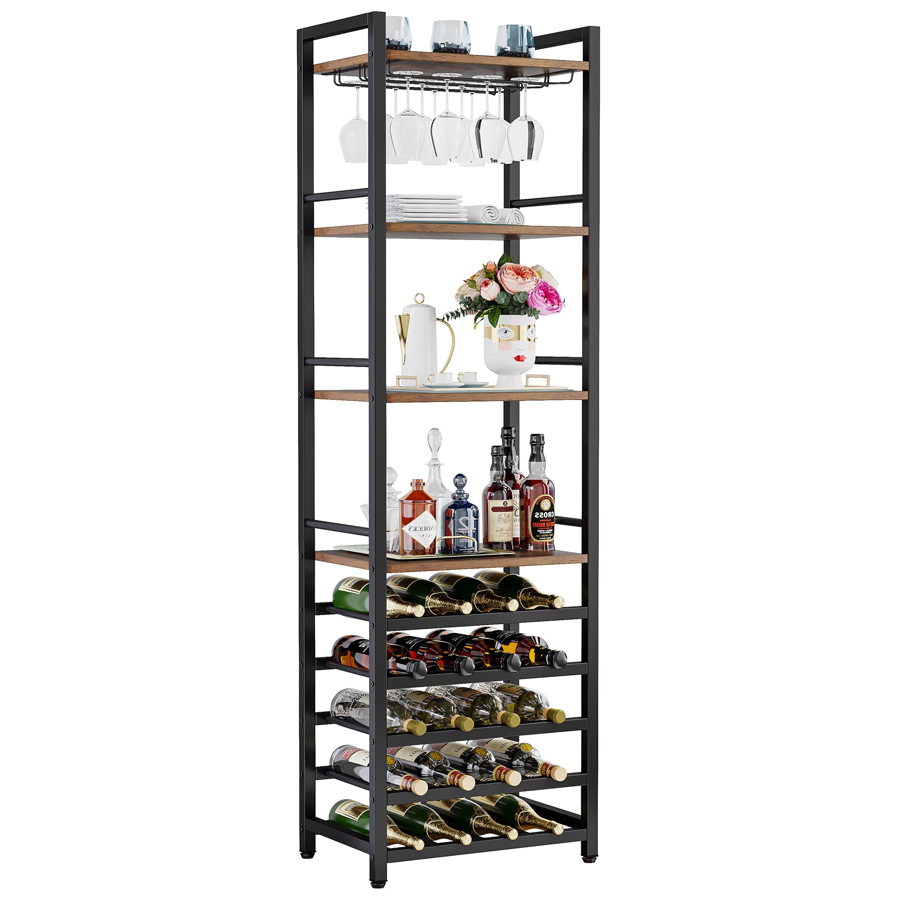 LITTLE TREE Metal Wine Rack for 7-30 Bottles Wine Bottle Rack Cellar Rack Shelves Freestanding Wine Rack for Kitchen Bar Black and Brown