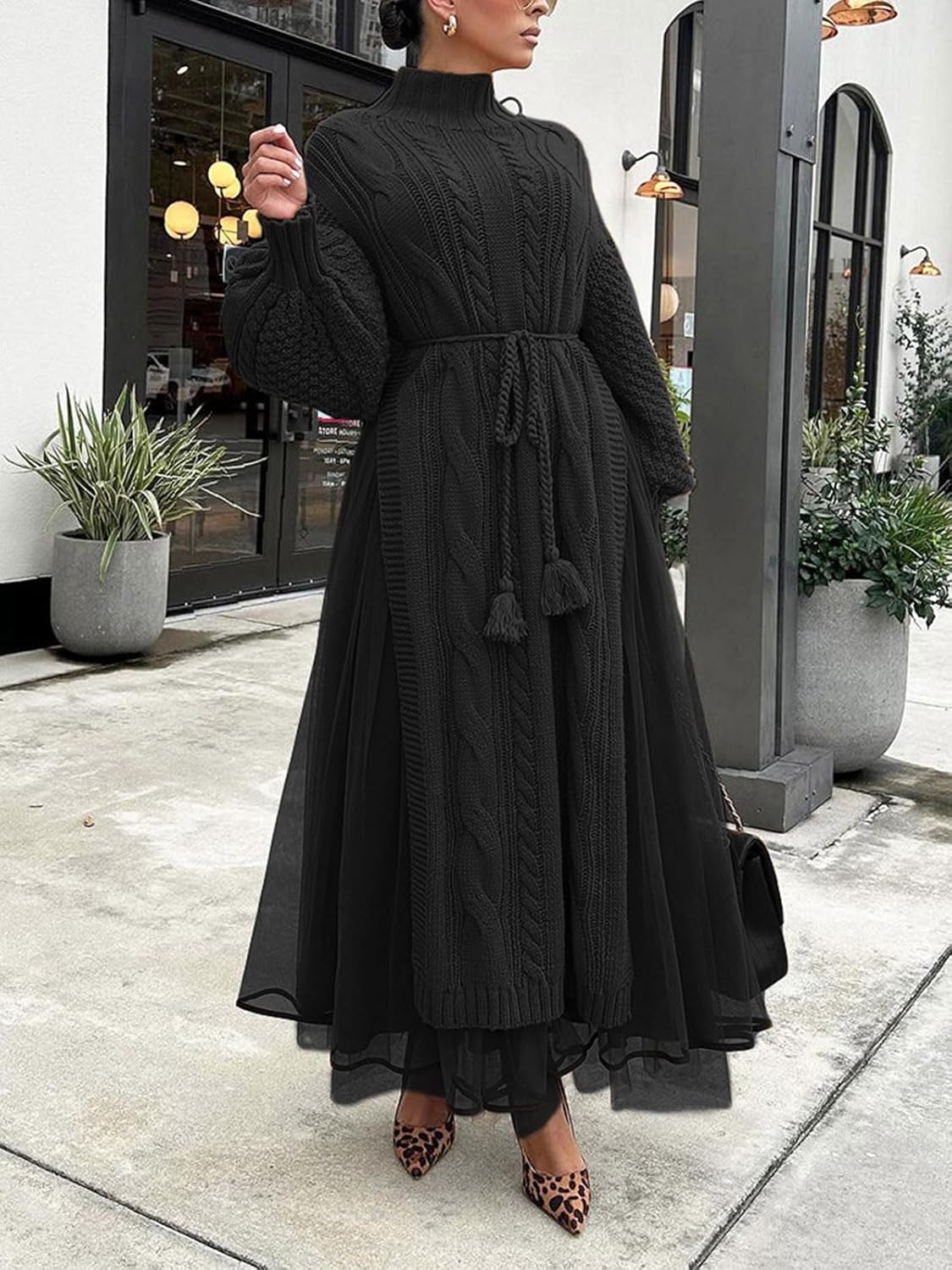 KANSOON Women Two Piece Outfit Set Oversized Heavy Knit Sweater with Tulle Maxi Skirt Fall Winter Outfits - Image 2