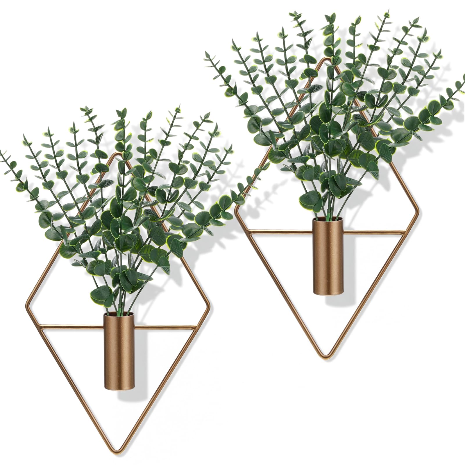 Canlierr 4 Pieces Bronze Wall Decor Hanging Planters with Artificial Plants Metal Hanging Vase Indoor Plants Holder Modern Boho Wall Art for Bathroom Bedroom Living Room Decor, Eucalyptus