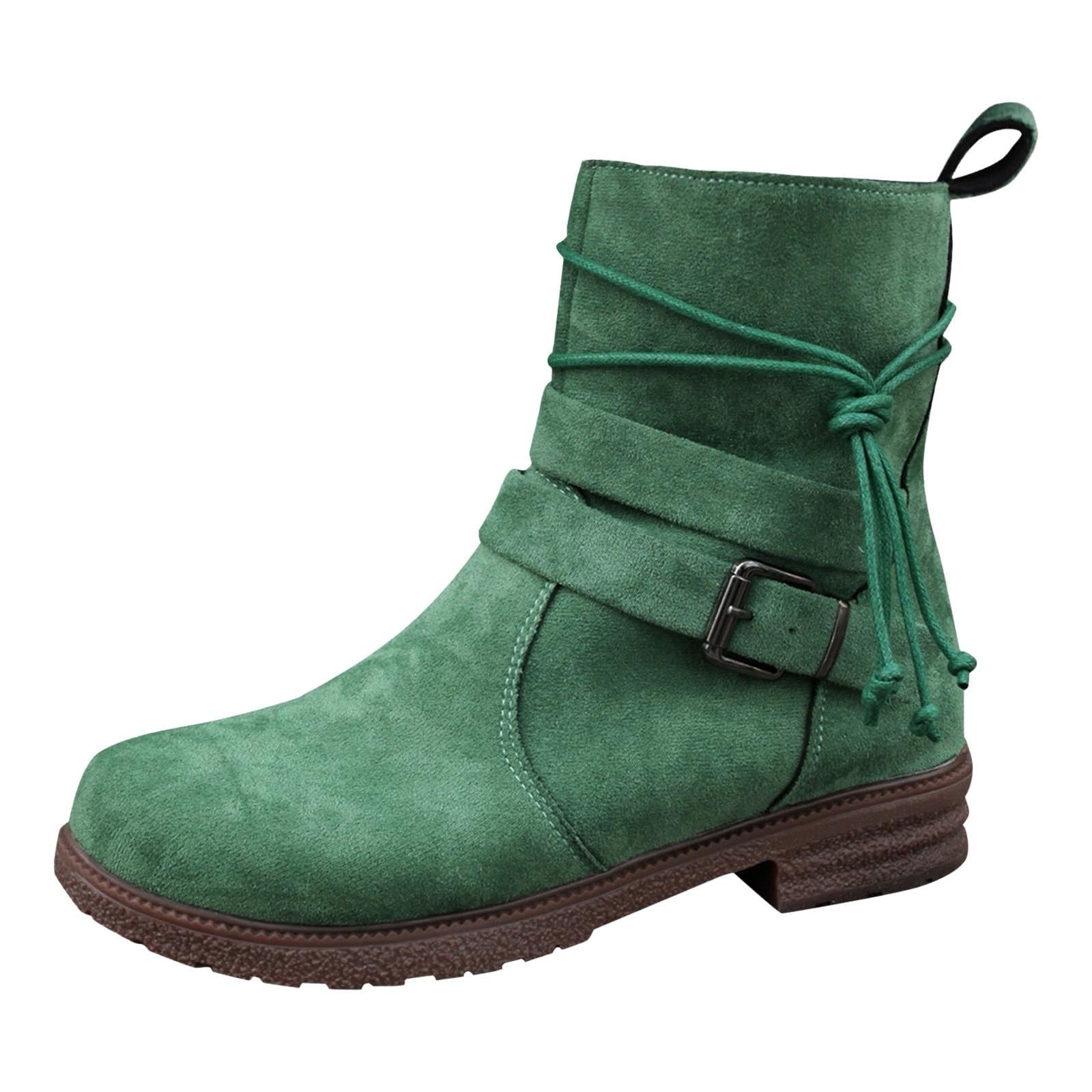 Vintage Ankle Booties for Women Faux Suede Western Cowgirl Strap Wide Round Toe Boots Lace Up Chunky Block